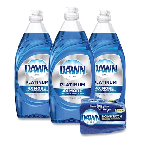 Platinum Liquid Dish Detergent, Refreshing Rain Scent, 24 Oz Bottles Plus (2) Sponges/Carton, 3PK